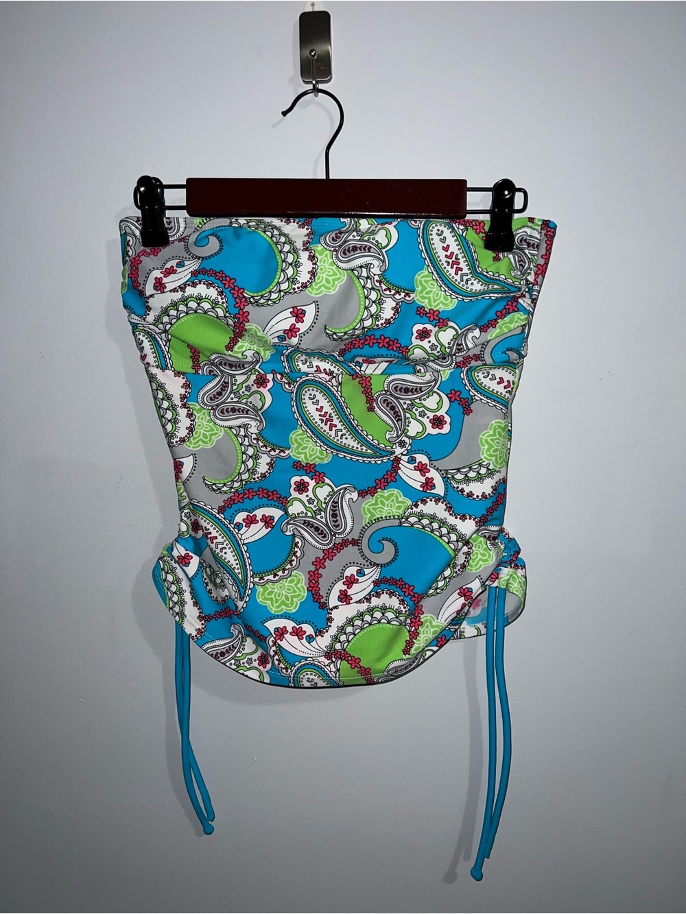Hula Honey Paisley Bandeau Strapless Swim Top Blue Green Pink Side Tie Ruched M